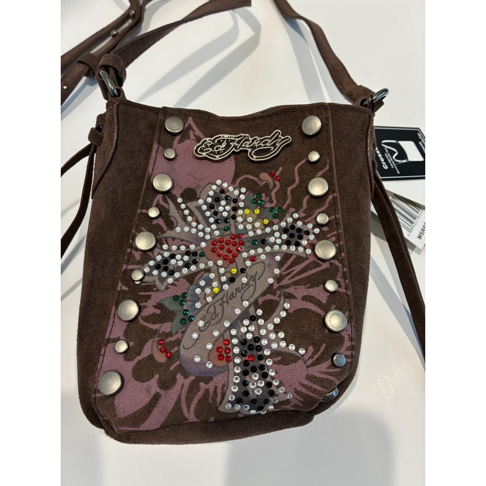 ED HARDY~ Brown Suede Crossbody Bucket Bag Small Side Fringe Cross Y2K Indie NWT